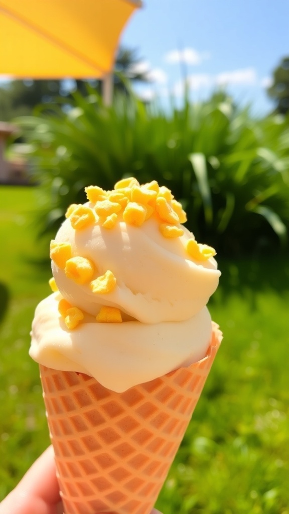 Sweet Corn Ice Cream Recipe A delicious scoop of sweet corn ice cream in a cone, garnished with cornflakes, set against a bright summer backdrop.